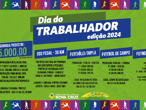 Prefeitura de Nova Cruz abre inscrições para os eventos esportivos, alusivos ao Dia do Trabalhador.